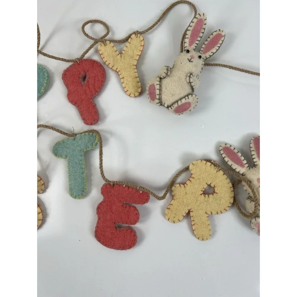 Happy Easter Bunny Garland Rabbits Bunnies Spring Felt Wool Banner Decoration